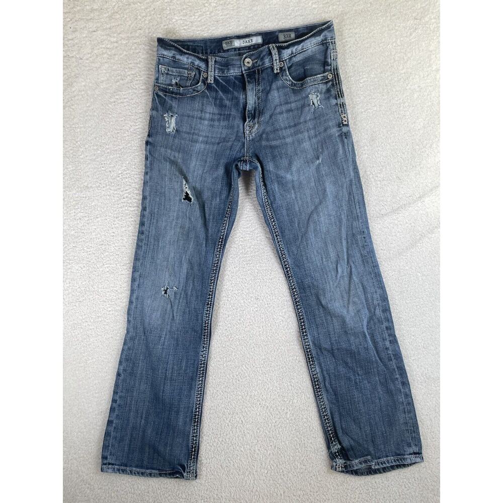 BKE Buckle Jake Jeans Mens 33R Blue Distressed Whiskered Thick Stitch